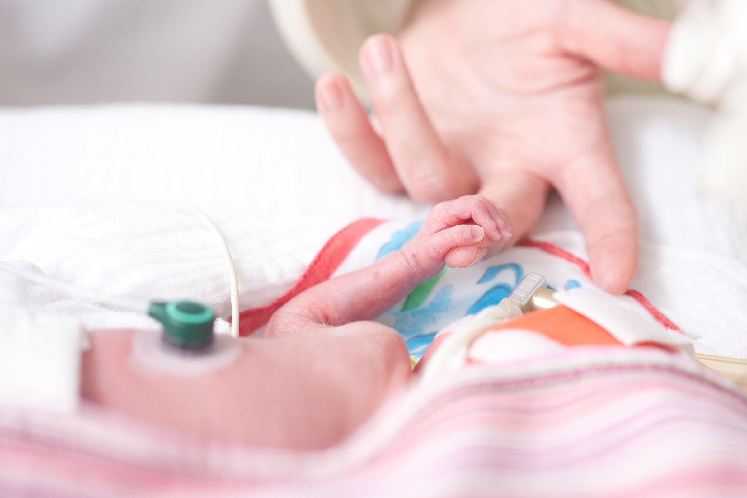 A newborn child hand grips an adult's finger.