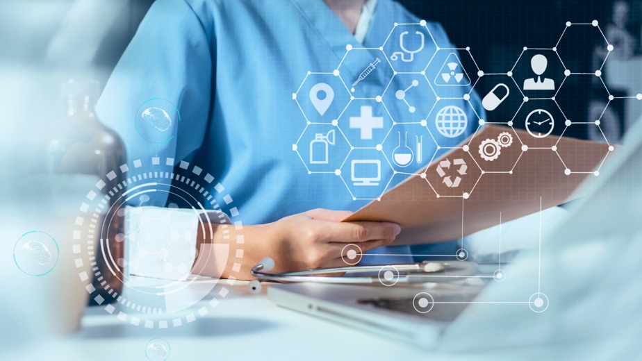 Healthcare icons on top of a medical image.